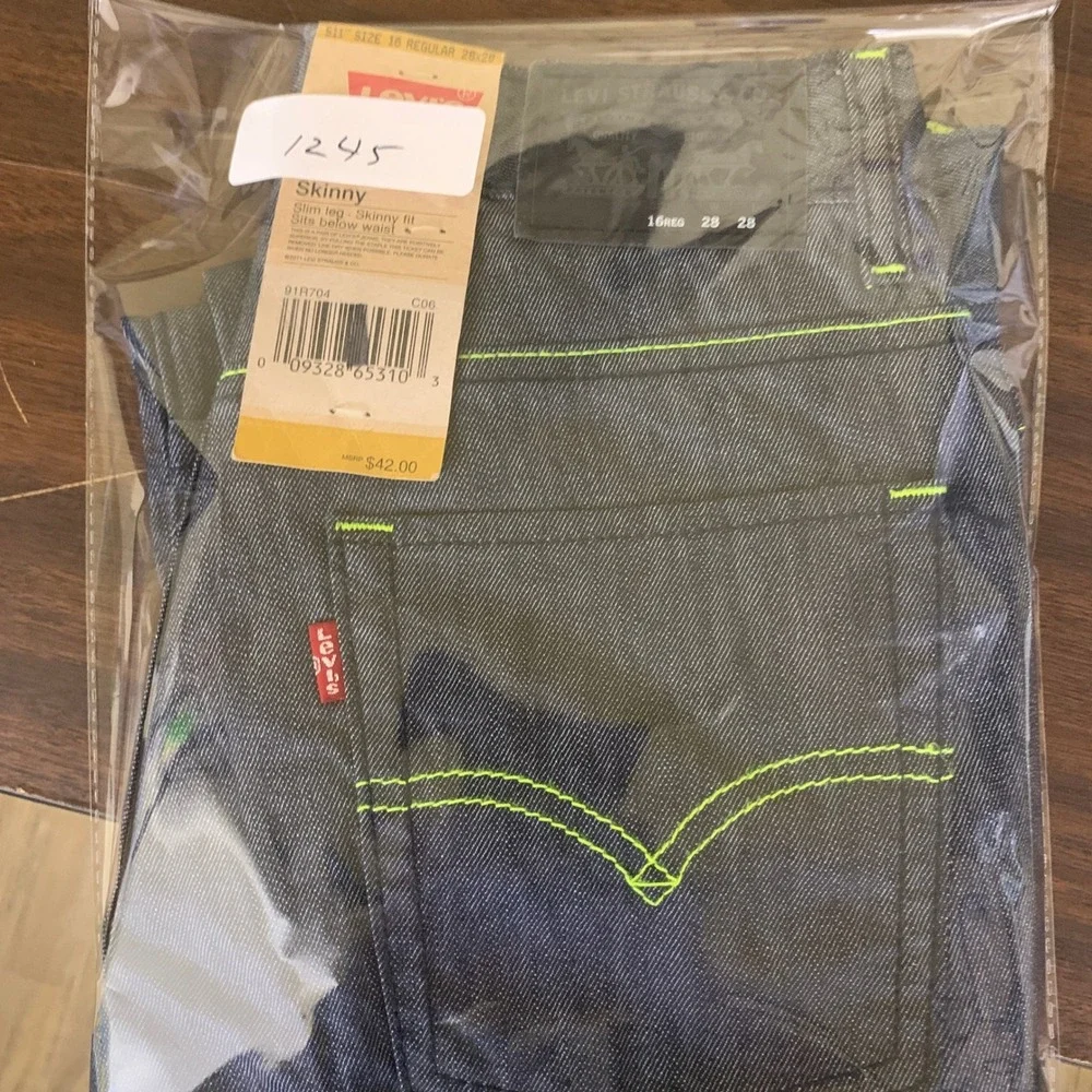 Levis 511‎ Skinny Fit Coated Indigo Neon Green Stitch Jeans 16 Reg 28x28 NEW